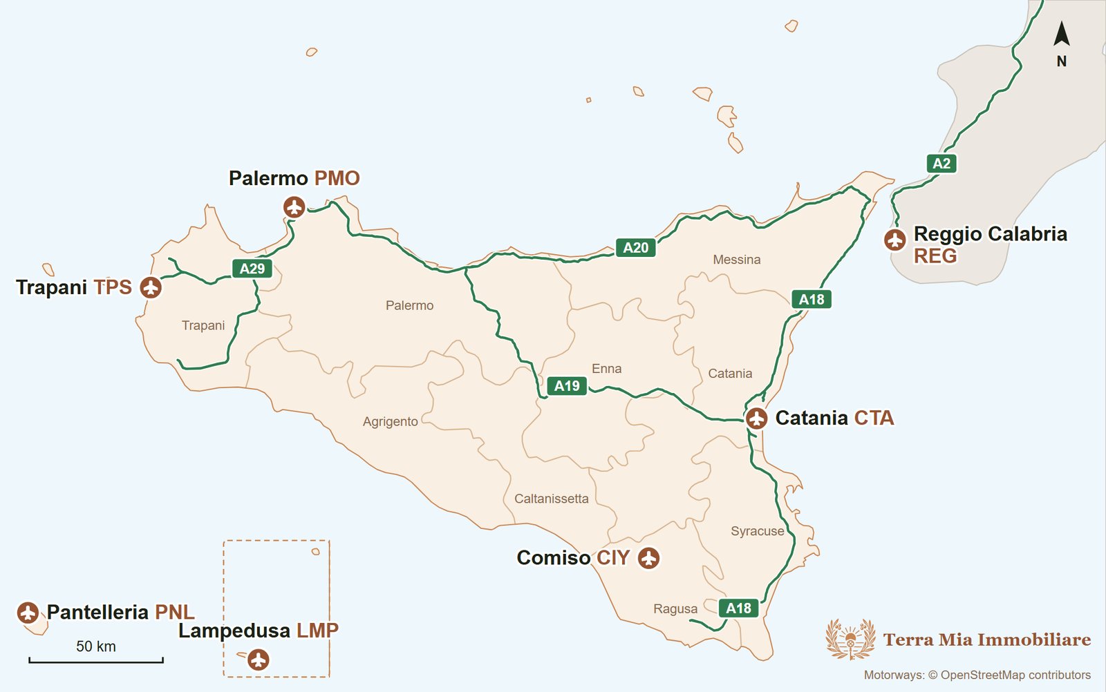 Map of Sicily showing the airports of Palermo (PMO), Trapani (TPS), Catania (CTA), Comiso (CIY), Pantelleria (PNL), Lampedusa (LMP) and Reggio Calabria (REG), the A18, A19, A20 and A29 motorways and the nine provinces